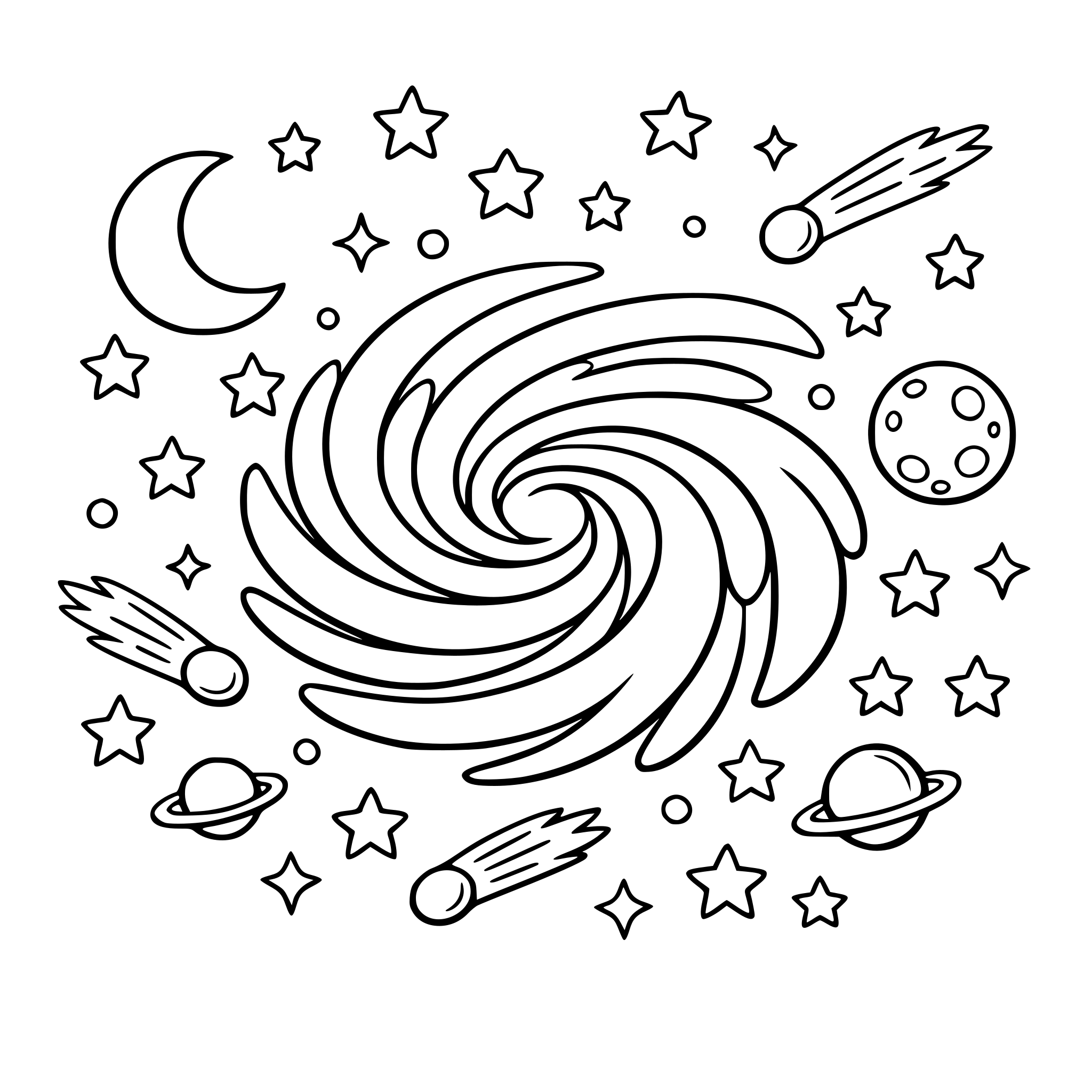 “Swirly galaxy with stars, moons, and comets, whimsical style with a background of outerspace