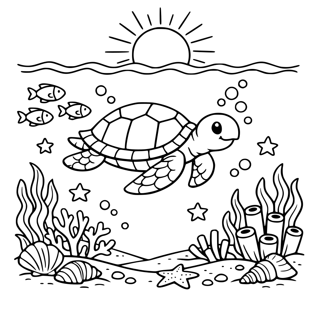 fundo do mar, tartaruga, sol,algas,