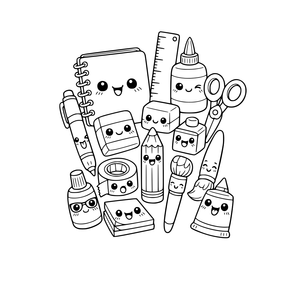 kawaii stationery items. each item has a cute kawaii facial expression. do not repeat items. do not repeat facial expressions.