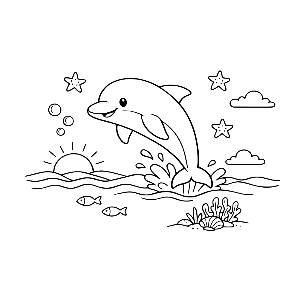 por favor dibuja un bonito delfín en el mar