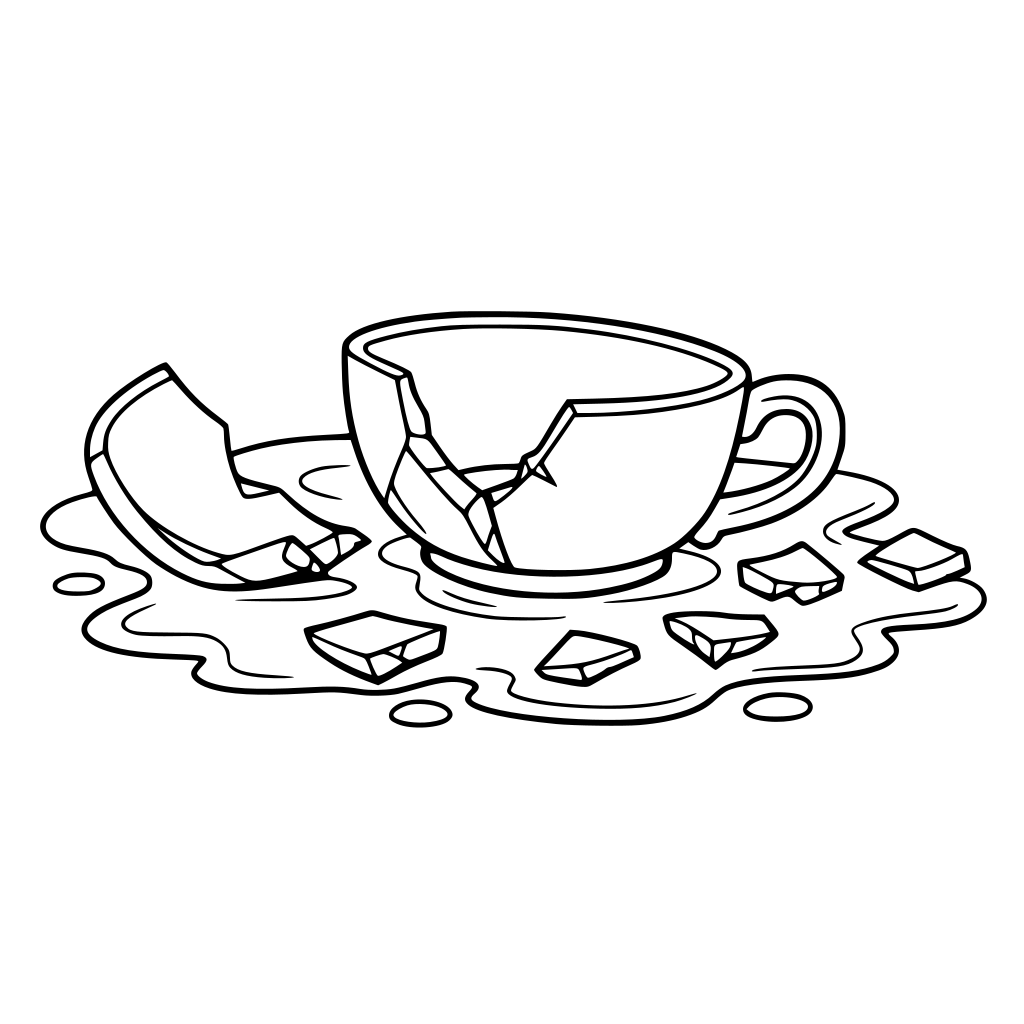 broken teacup on the floor surrounded by the shards of the broken teacup in a puddle of liquid