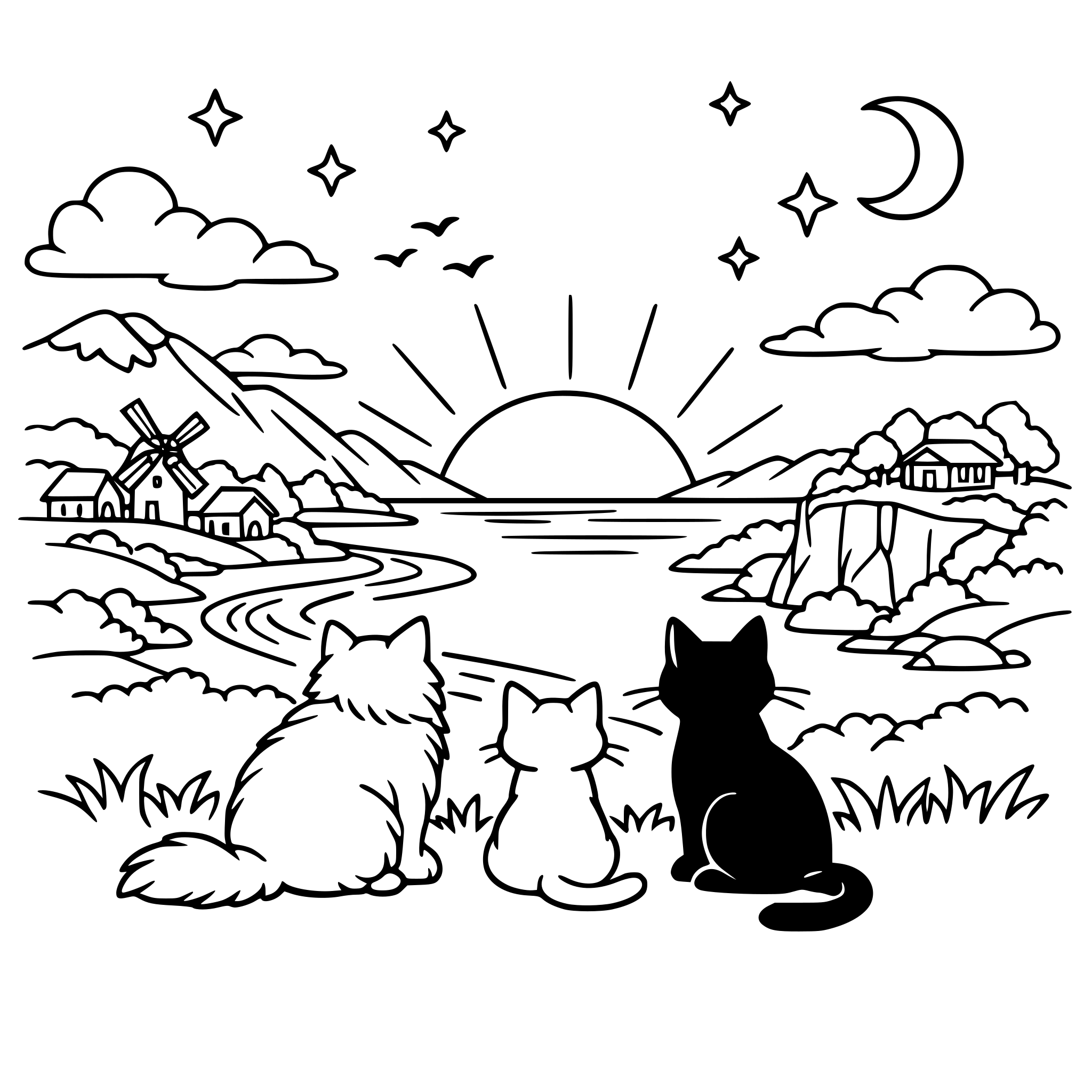 studio ghibli , cats, landscape, sunset