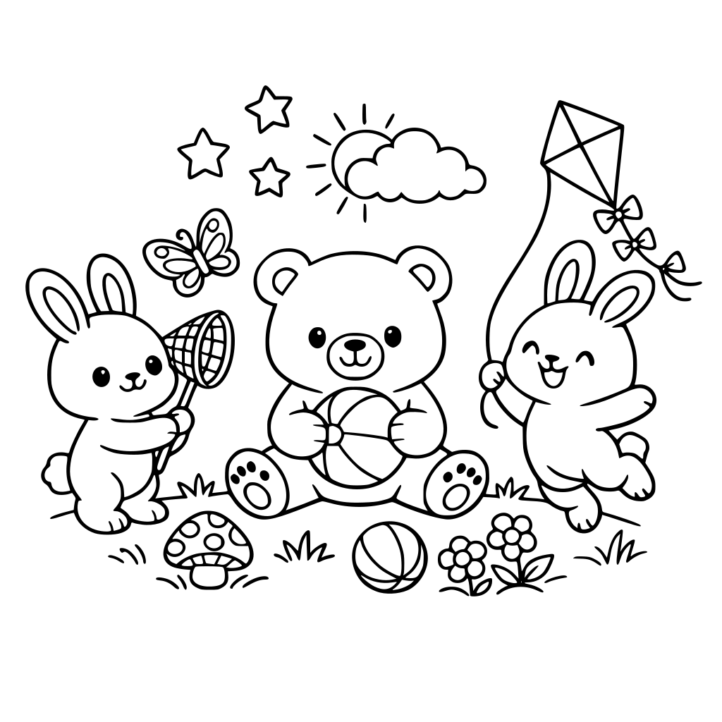 2 cute bunnies and a bear outside playing