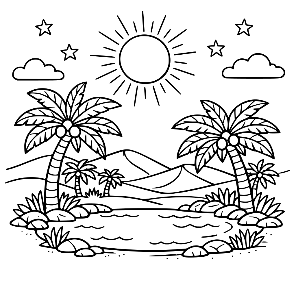 Oasis sahara avec palmier solei