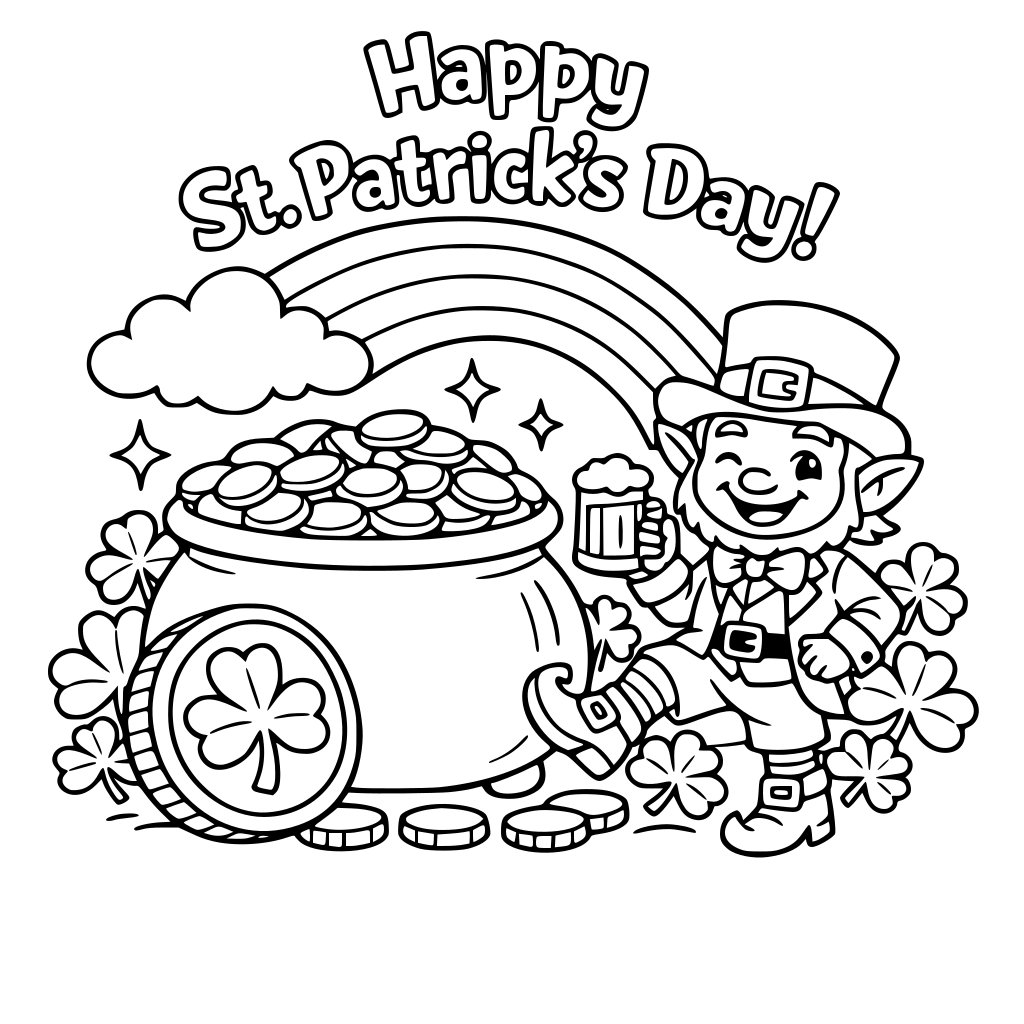 Happy St. Patrick's Day with pot of gold, gold coin, shamrocks, rainbow, leprechaun