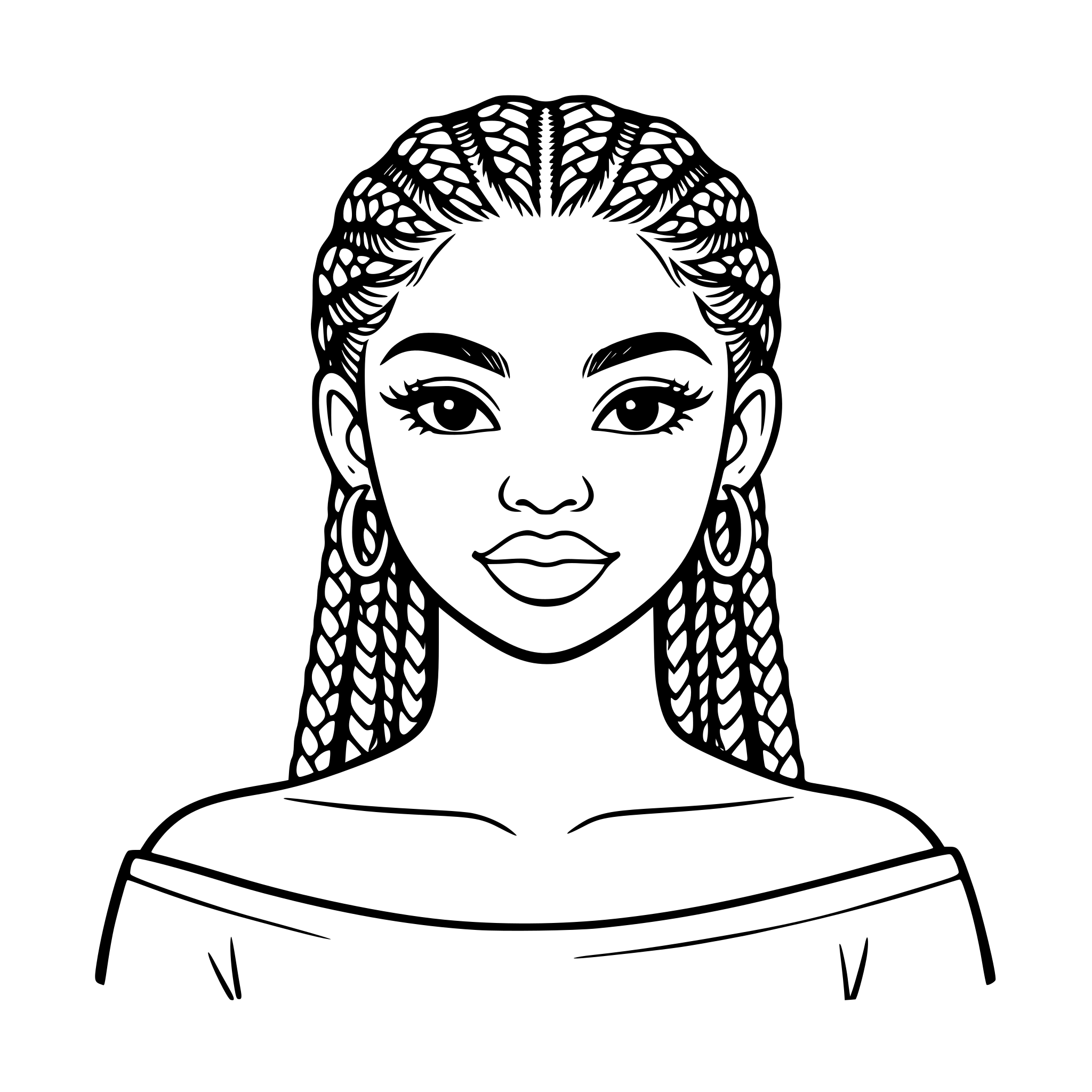 black girl with cornows and softly arched , medium thick eyebrows full lips and almond shaped eyes