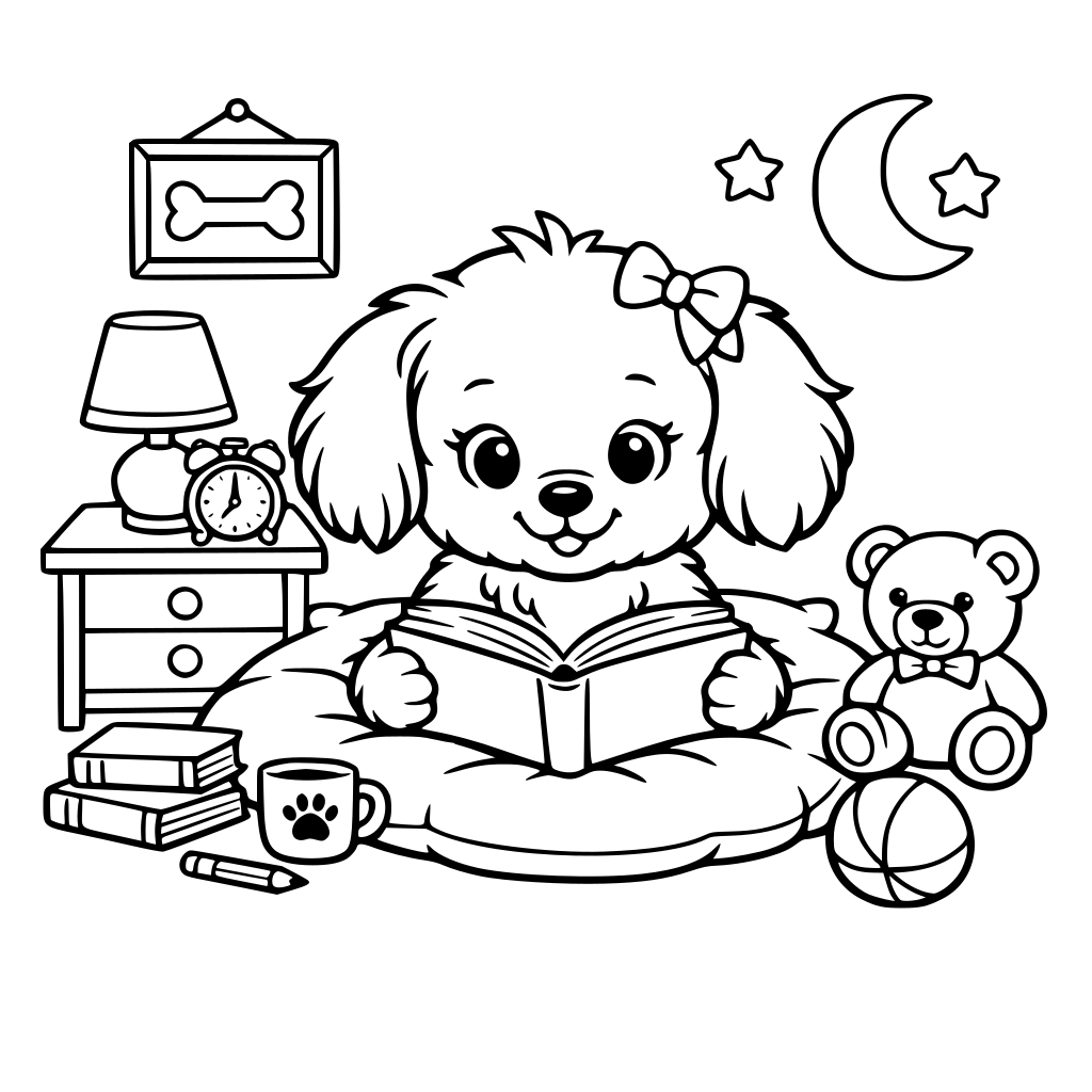 A cute dog in her room reading a book