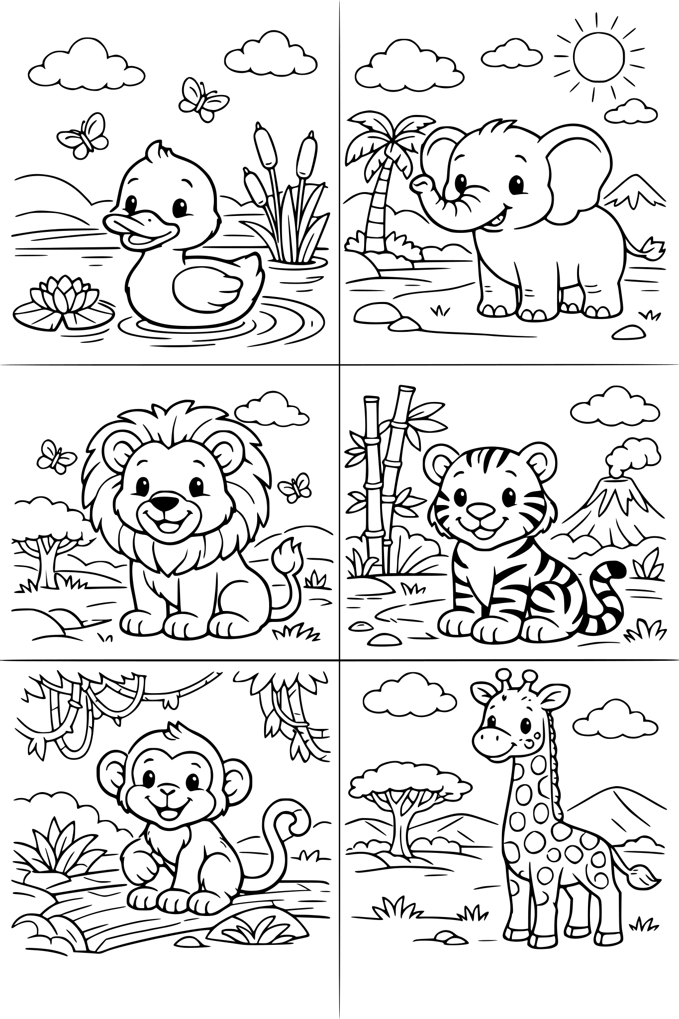eu quero animais para colorir, pato, elefante ,leao, tigre, macaco, girafa,. um por pagina com fundo bem bonito e atrativo