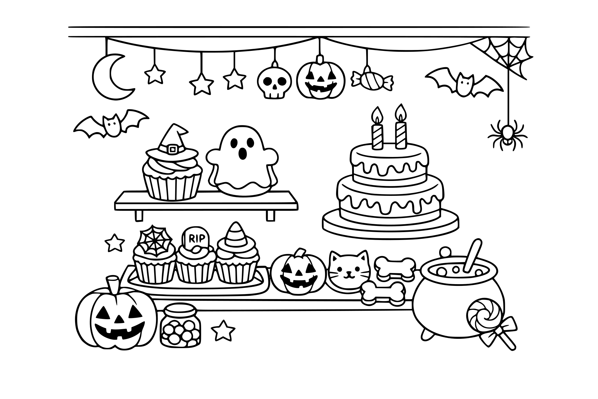 Halloween bakery window. minimalist line.