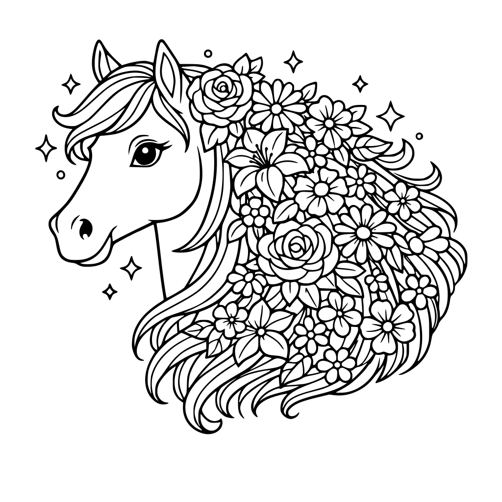Horse head with flowing mane made of flowers, elegant teen coloring page