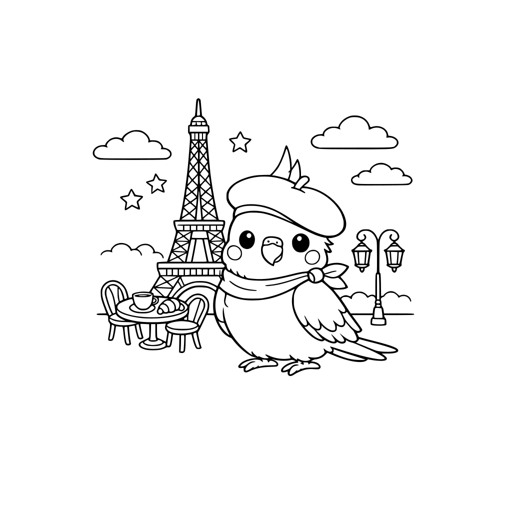 Desenho para colorir de uma calopsita fofa em Paris, usando boina francesa, em frente à Torre Eiffel, estilo livro de colorir, apenas linhas pretas, fundo branco, sem sombras, sem cores, line art limpa