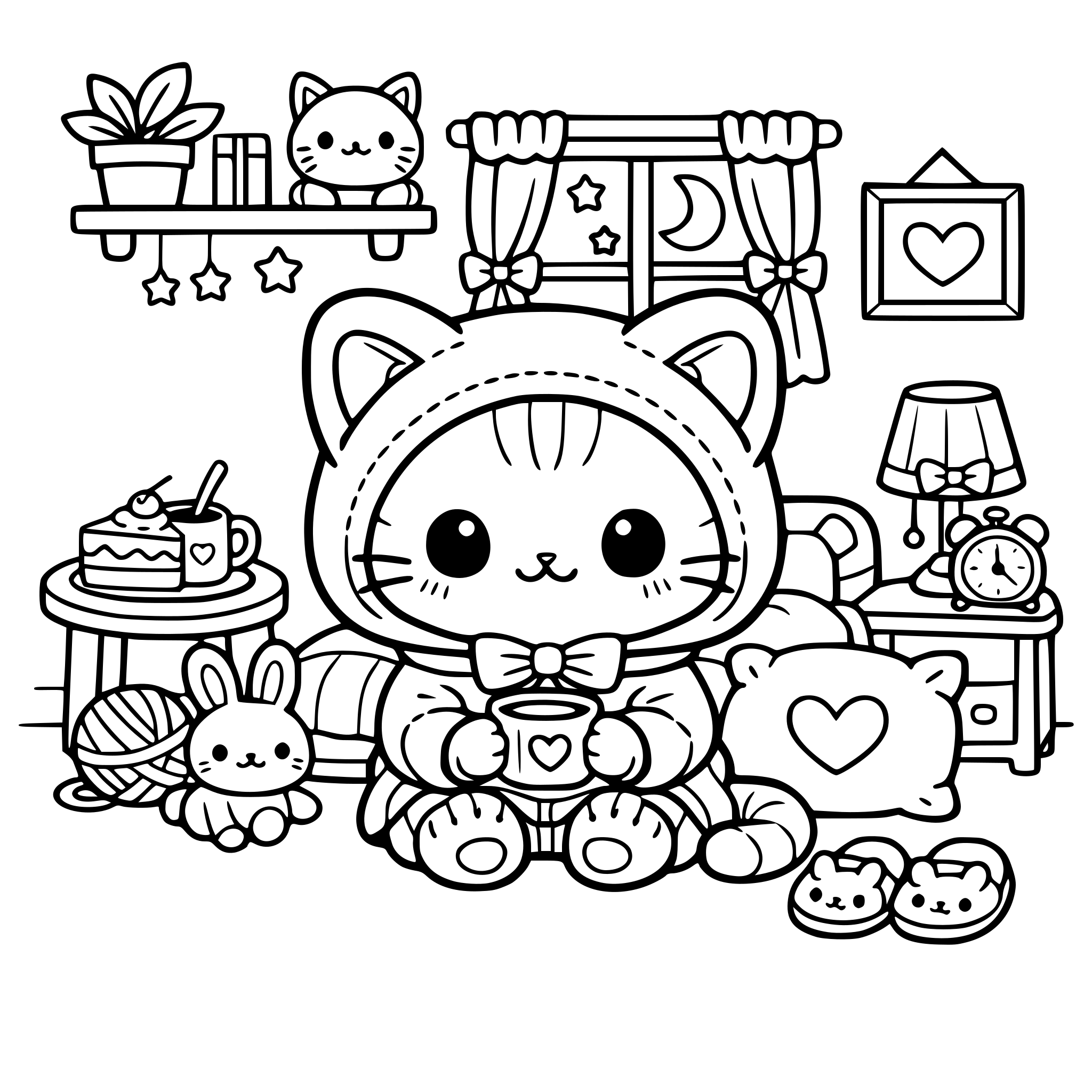 Gatinho kawaii com roupinhas numa casa fofa e cosy.