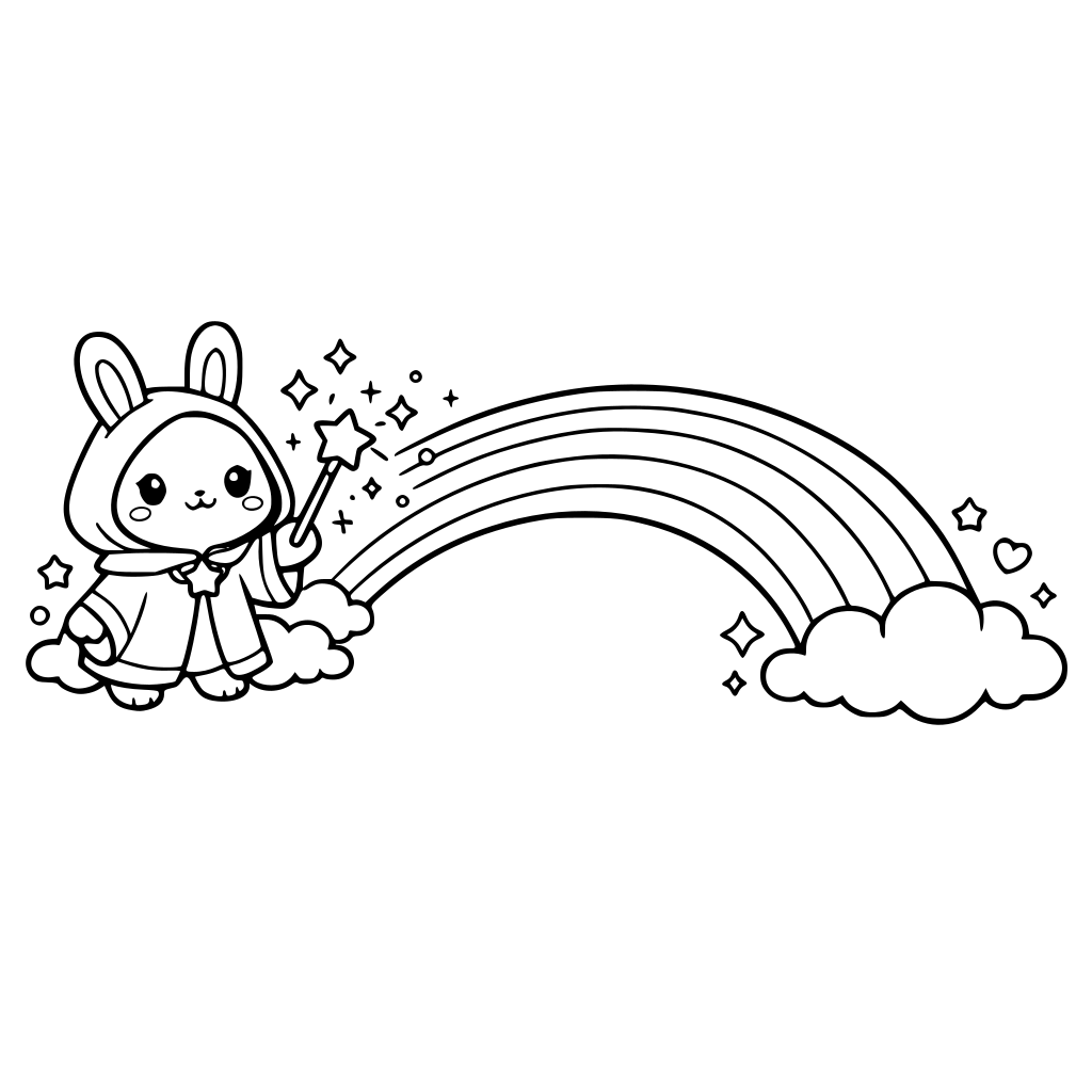 cartoon and kawaii-style bunny in a magic robe making a rainbow bridge — bridge arching across page.
