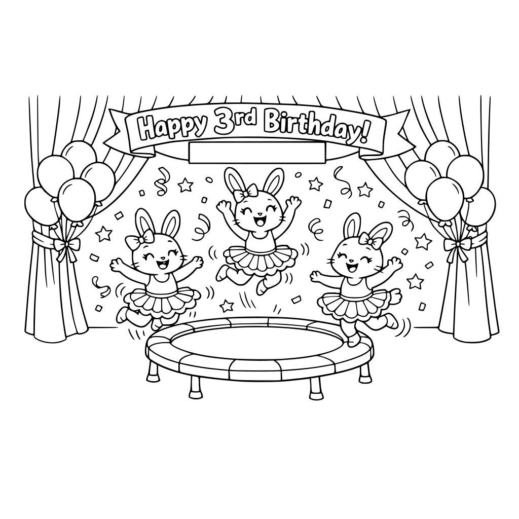 Stage with big draped curtains pulled open, center trampoline, three bunny girls in tutus bouncing, balloons and confetti, ‘Happy 3rd Birthday’ banner with blank name space