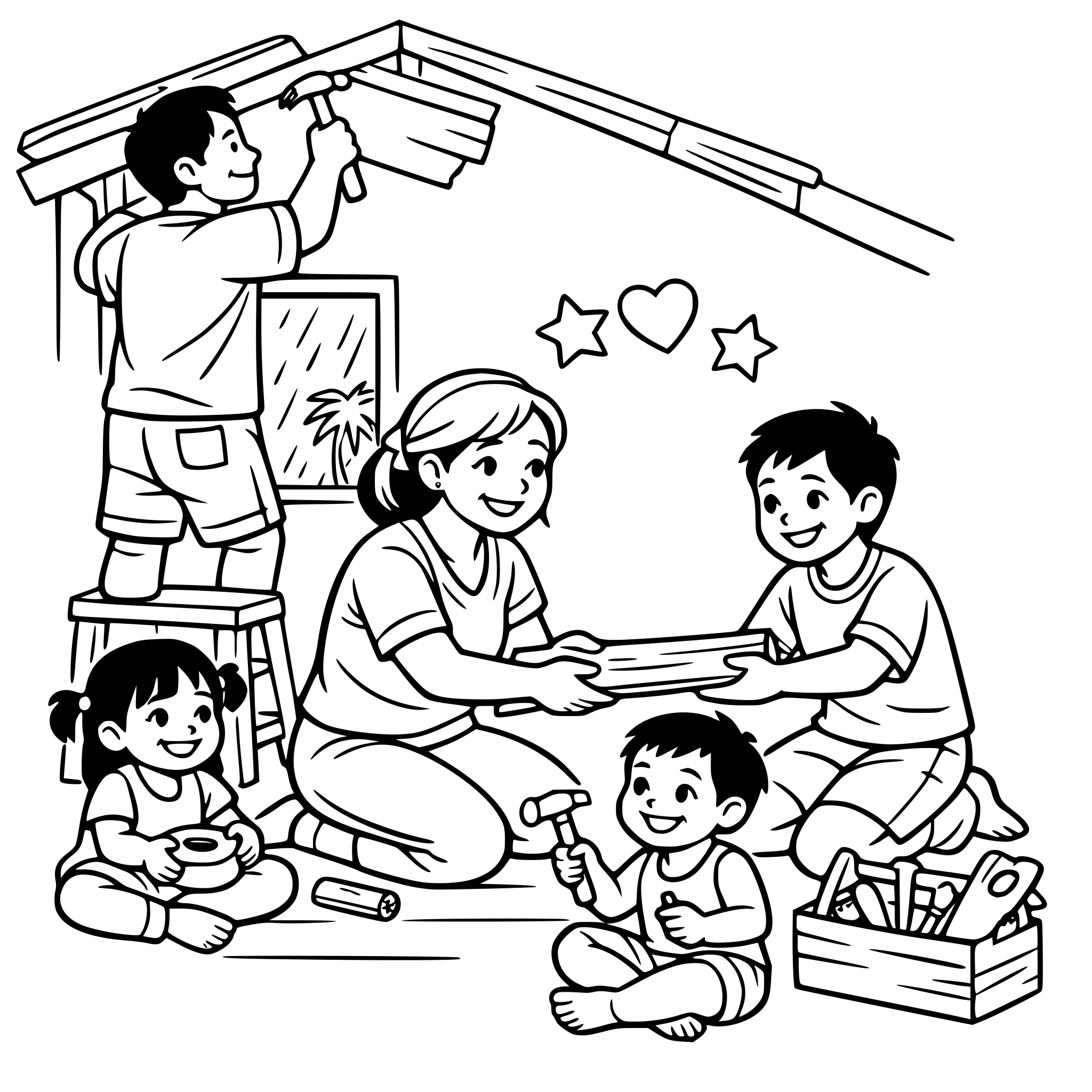 A Filipino family staying strong during a storm, fixing their home together, showing hope and unity, rain outside but warm inside