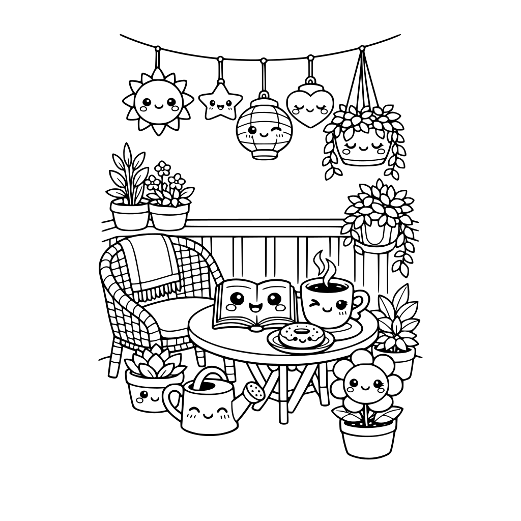 cute kawaii balcony with plants and chair and coffee and book. no animals. a few items with kawaii faces. do not repeat facial expressions.