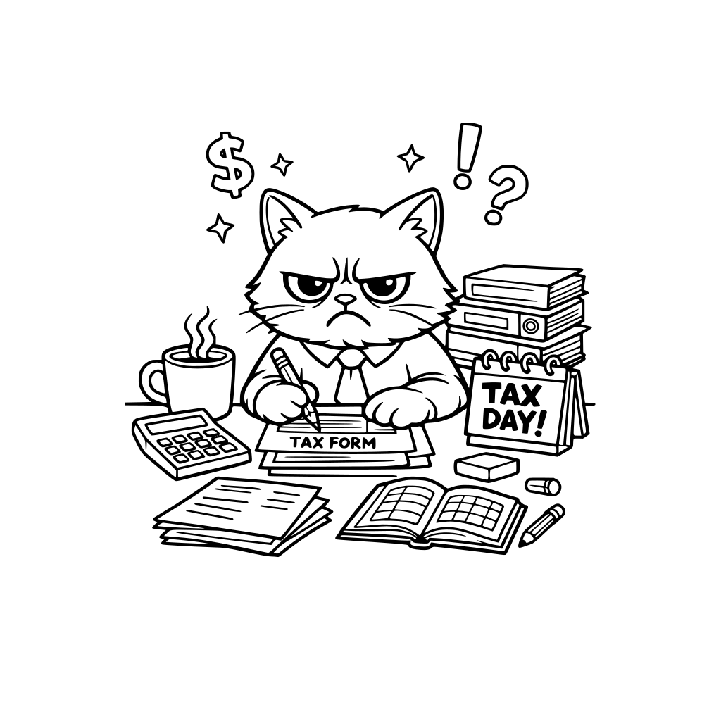 A grumpy cat doing taxes.