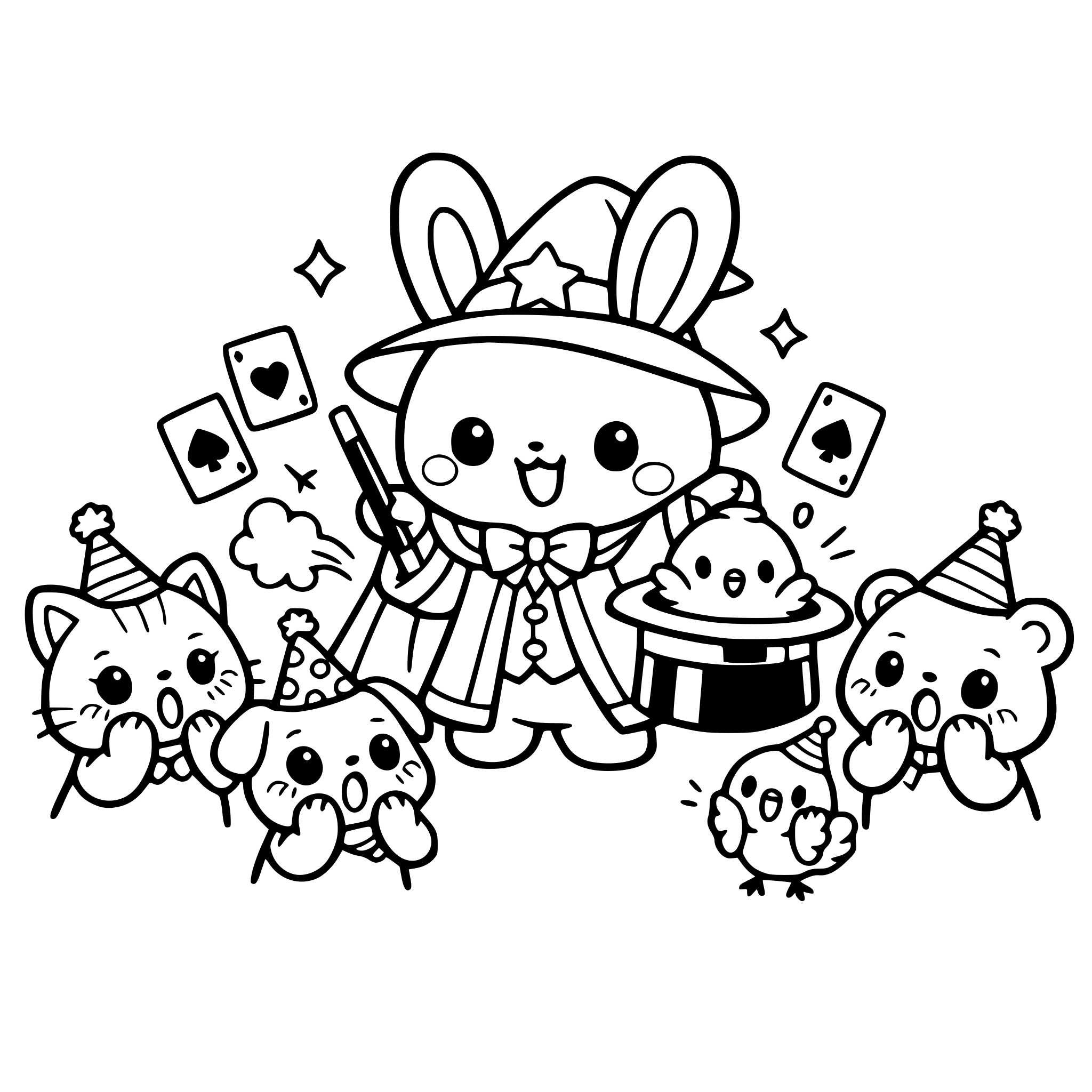 KAWAII AND CARTOON ART STYLE OF Bunny WEARING MAGICIAN ROBE with children animals wearing party hats audience gasping in surprise.
