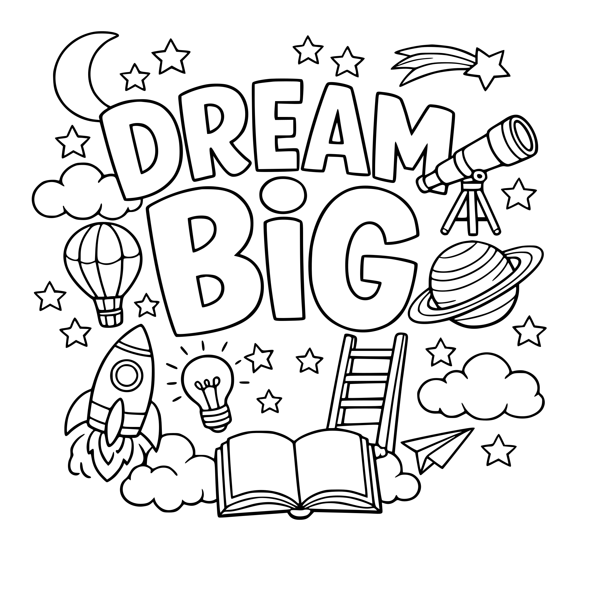 "Dream big" coloring letters with items around the letters that work with the lettering.