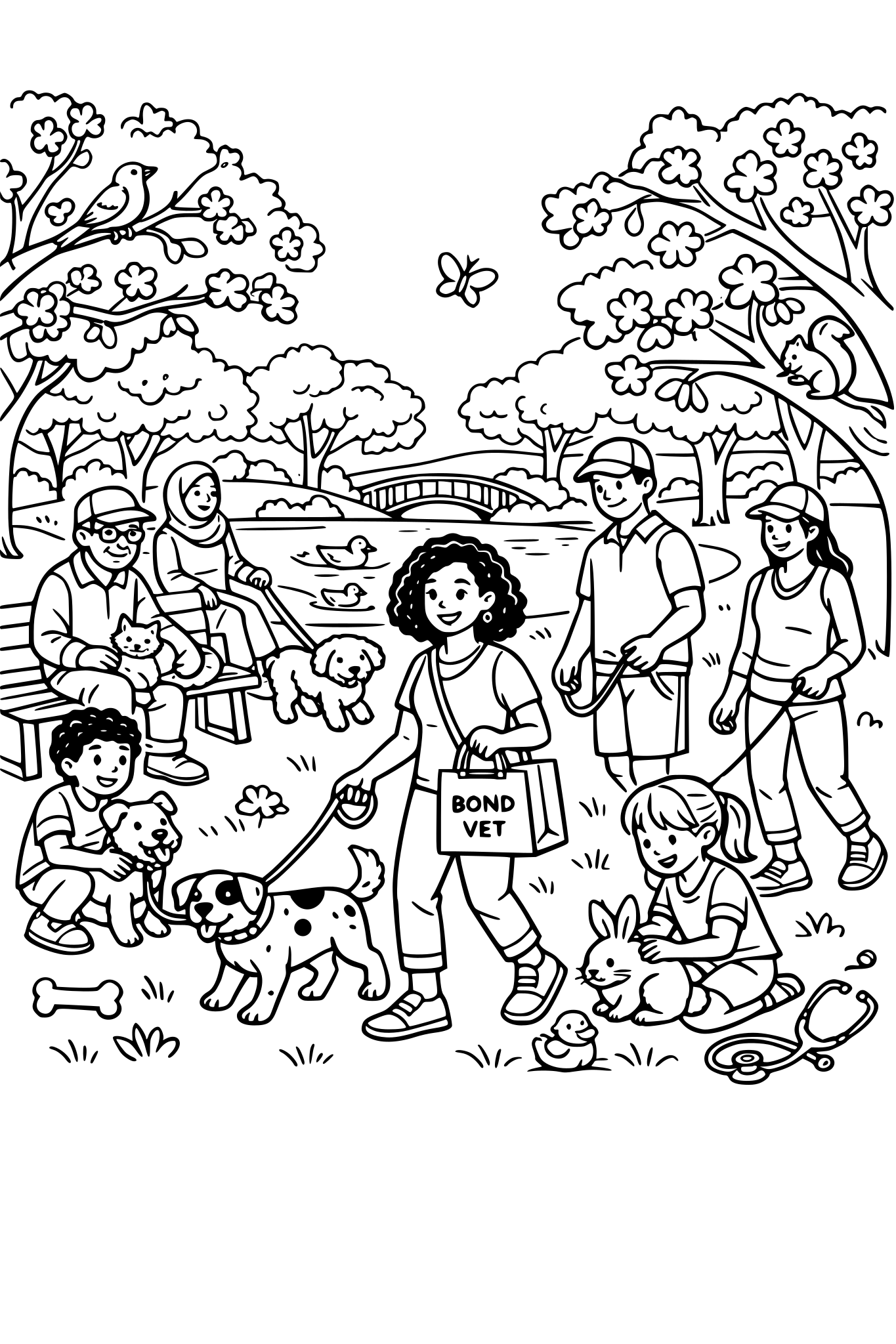 “busy spring park scene with pets, cherry blossoms, people (be diverse) walking dogs, simple line art coloring page, hidden objects (bone, toy, stethoscope), subtle ‘Bond Vet’ bag”