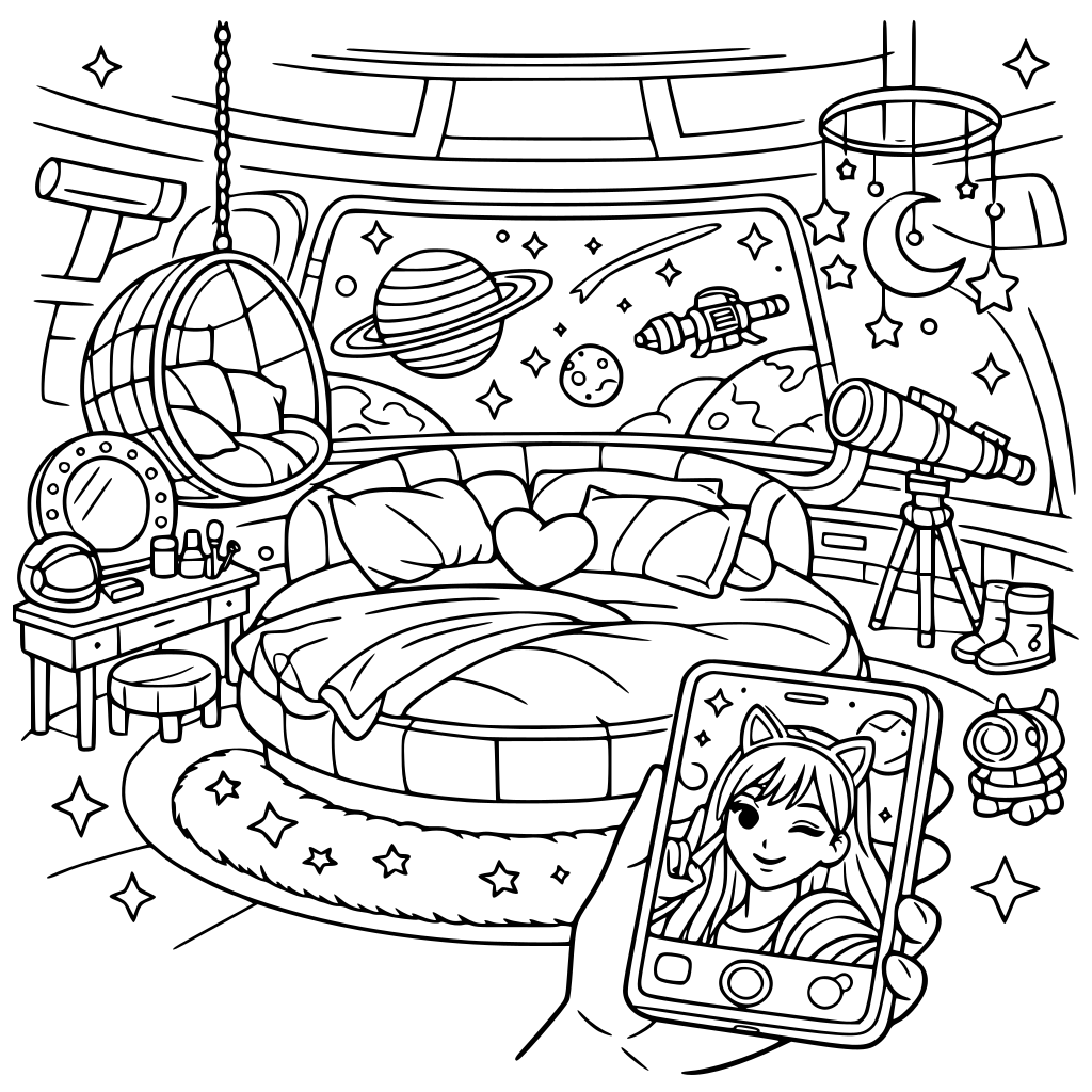 A space station galaxy selfie aesthetic fantasy master bedroom for girls & women