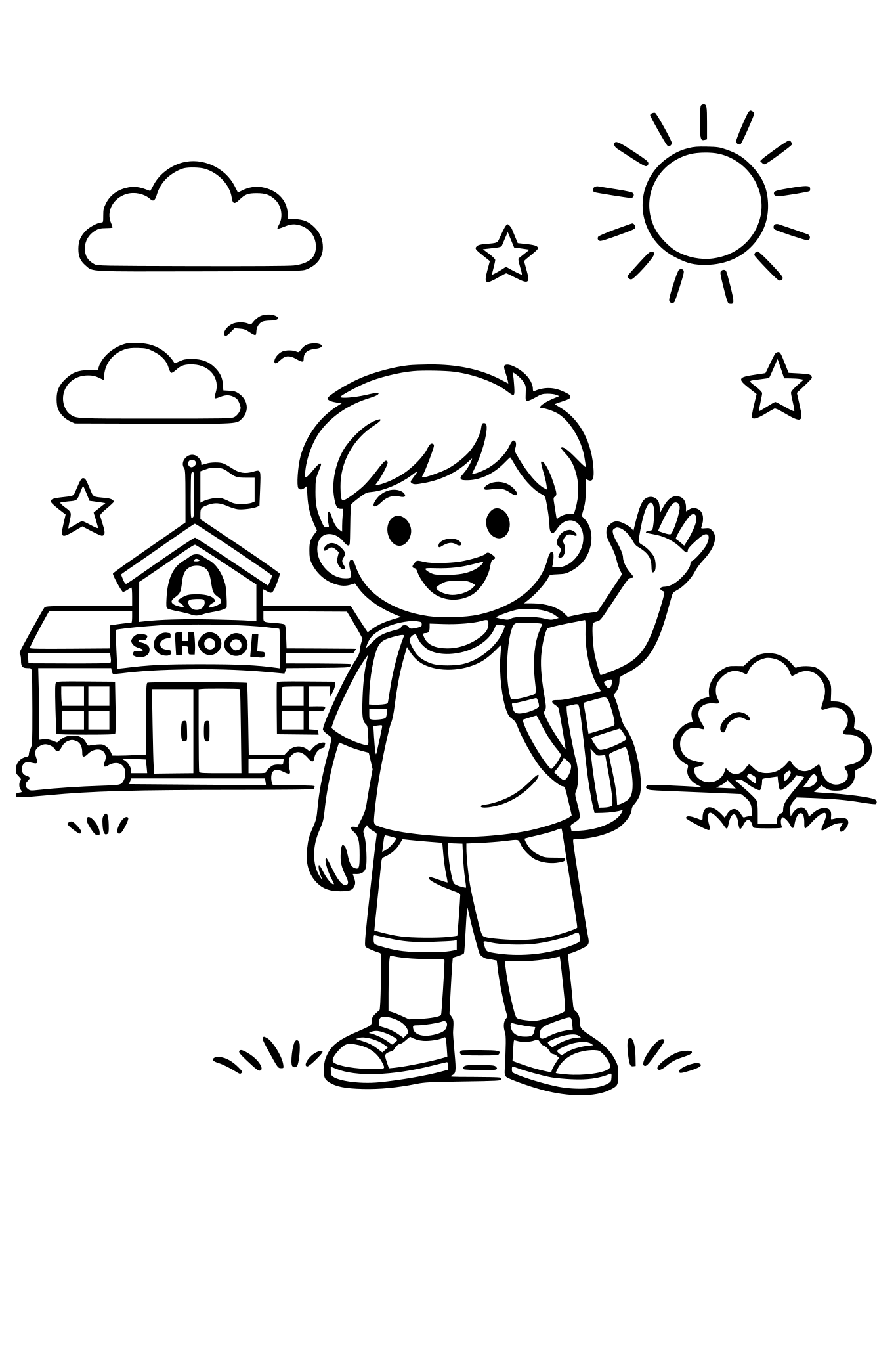 child waving with backpack school in the backgrounds on a sunny day