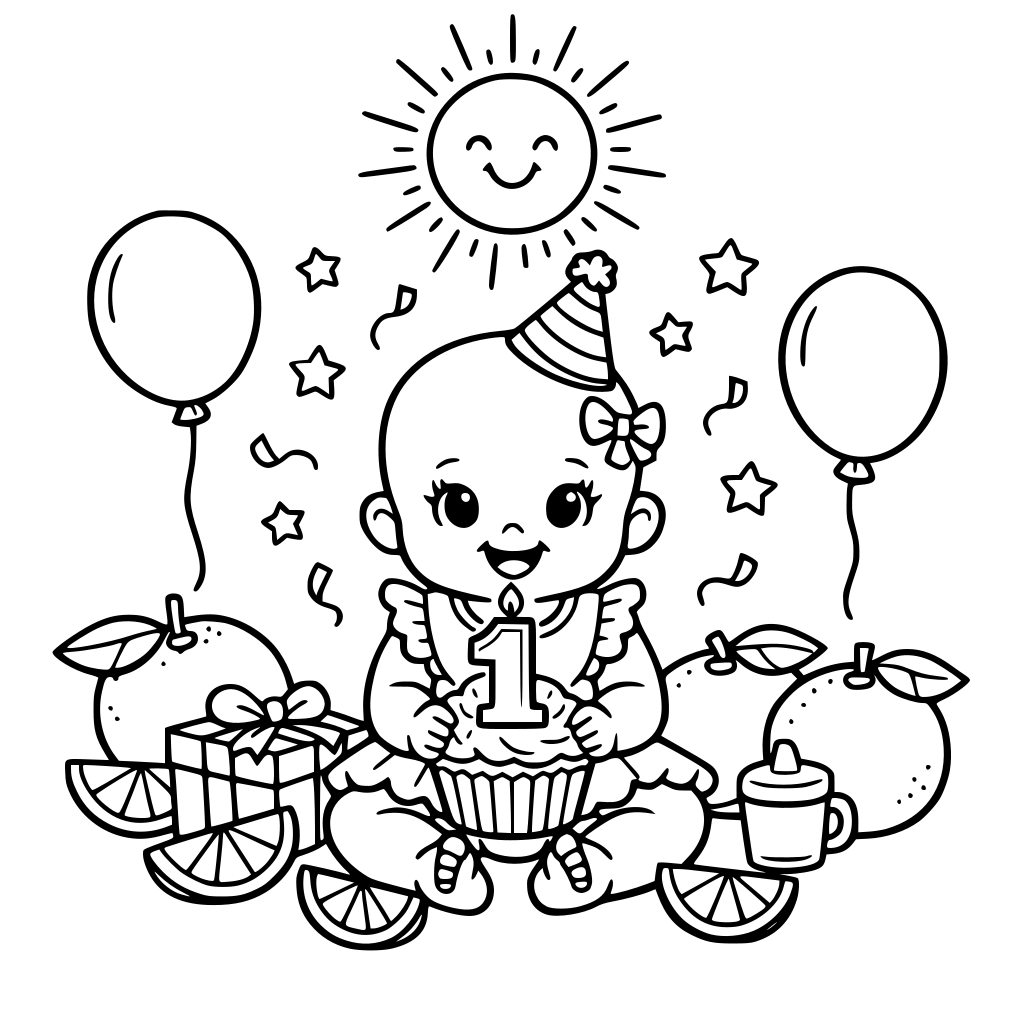 Bald baby girl birthday party with oranges and sunshine