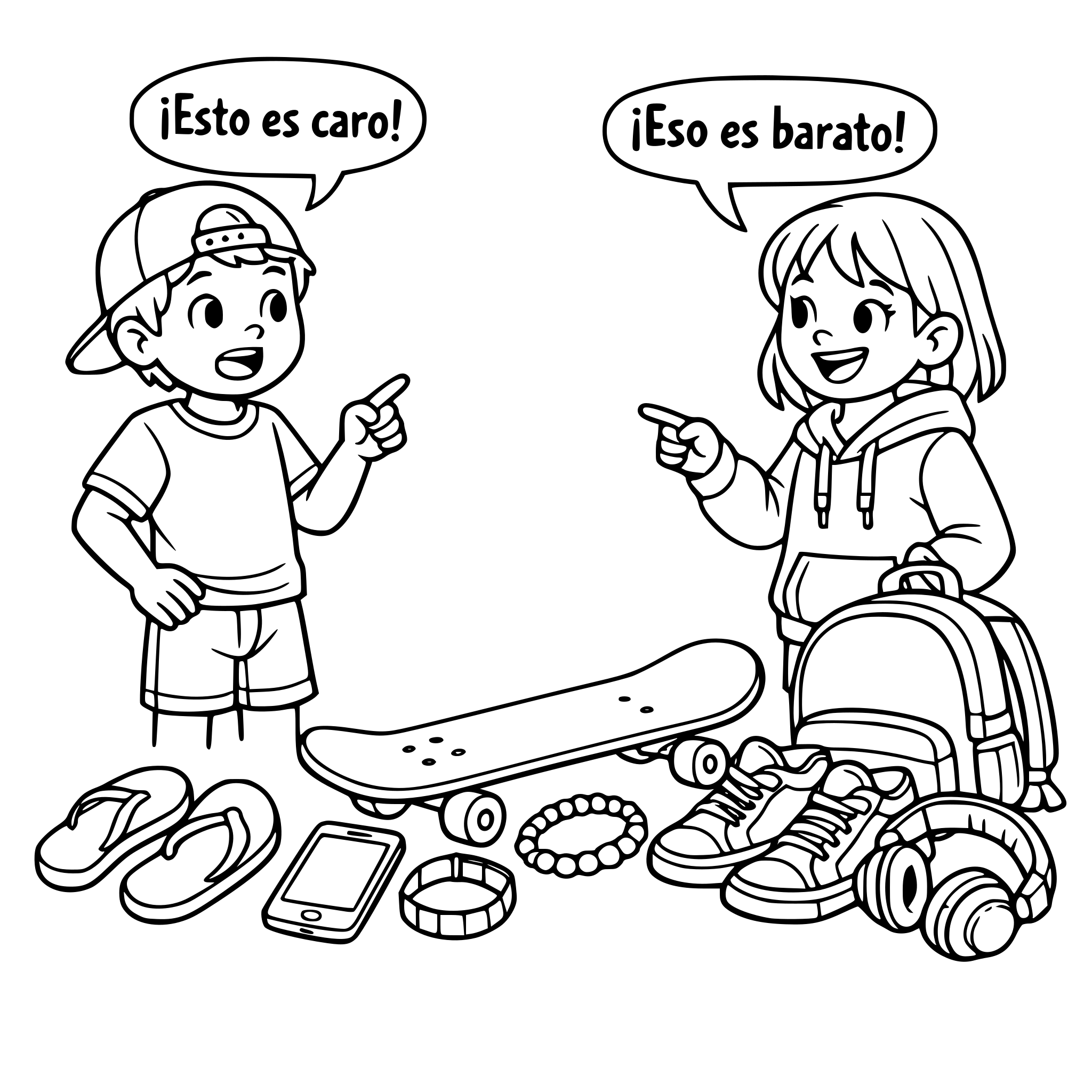 Una situacion en la que haya: flip flops, phone, hoody, bracelet, skateboard, trainers, backpack y headhphones. quizas con algun dialogo entre niños que se digan esto es caro, eso es barato