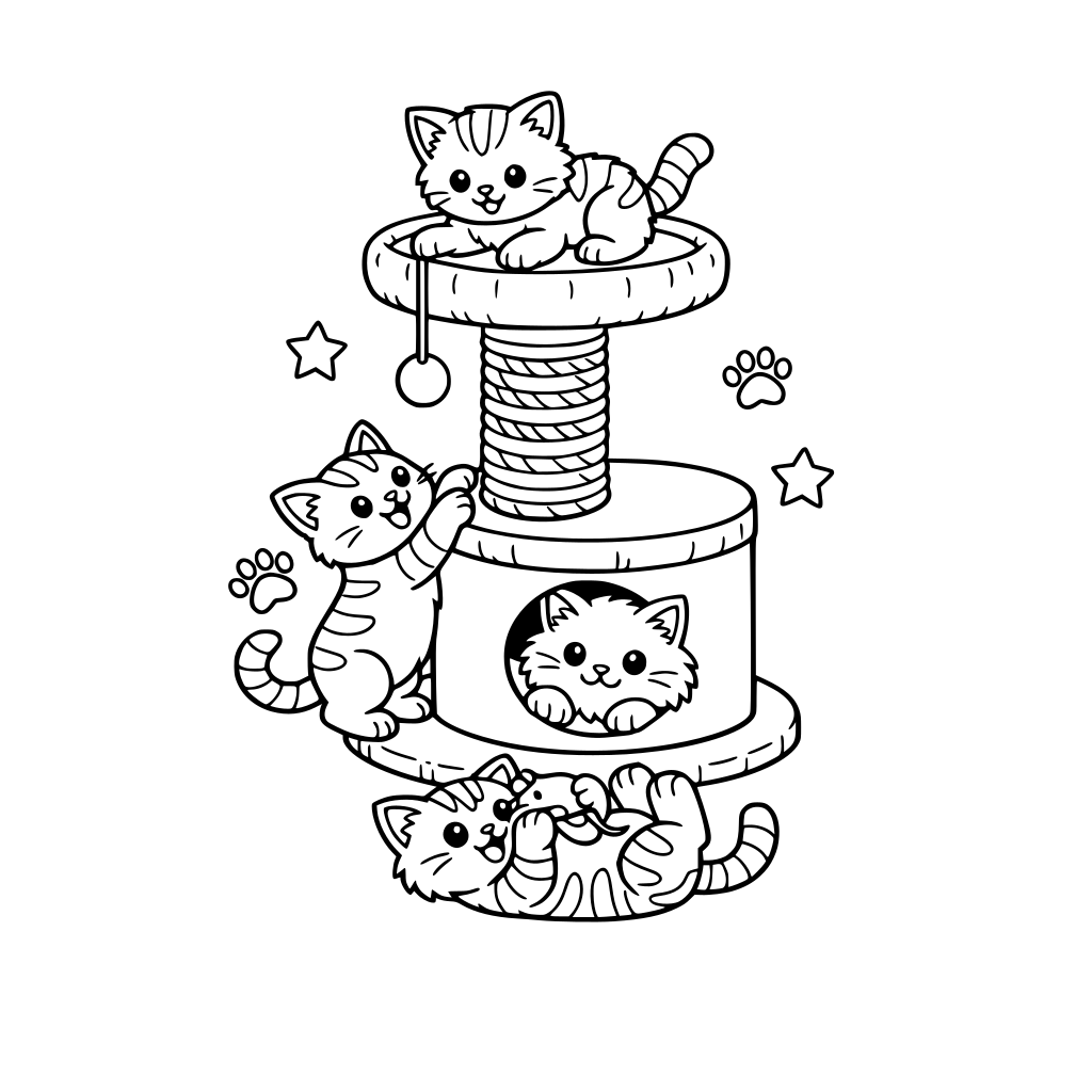 Cats playing around a scratching post
