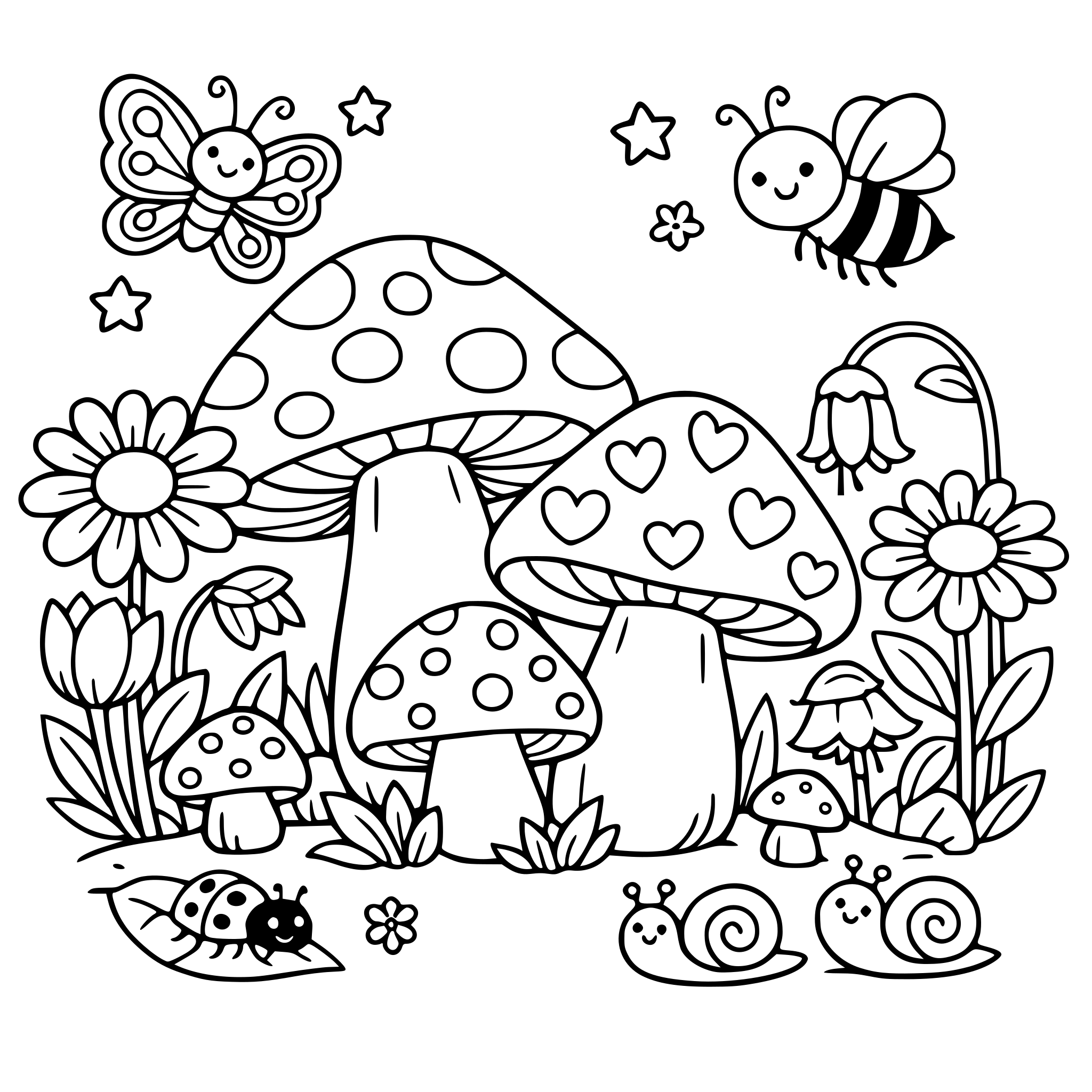 Coloring book for 7 years old girl, theme #garden #mashrooms #flowers