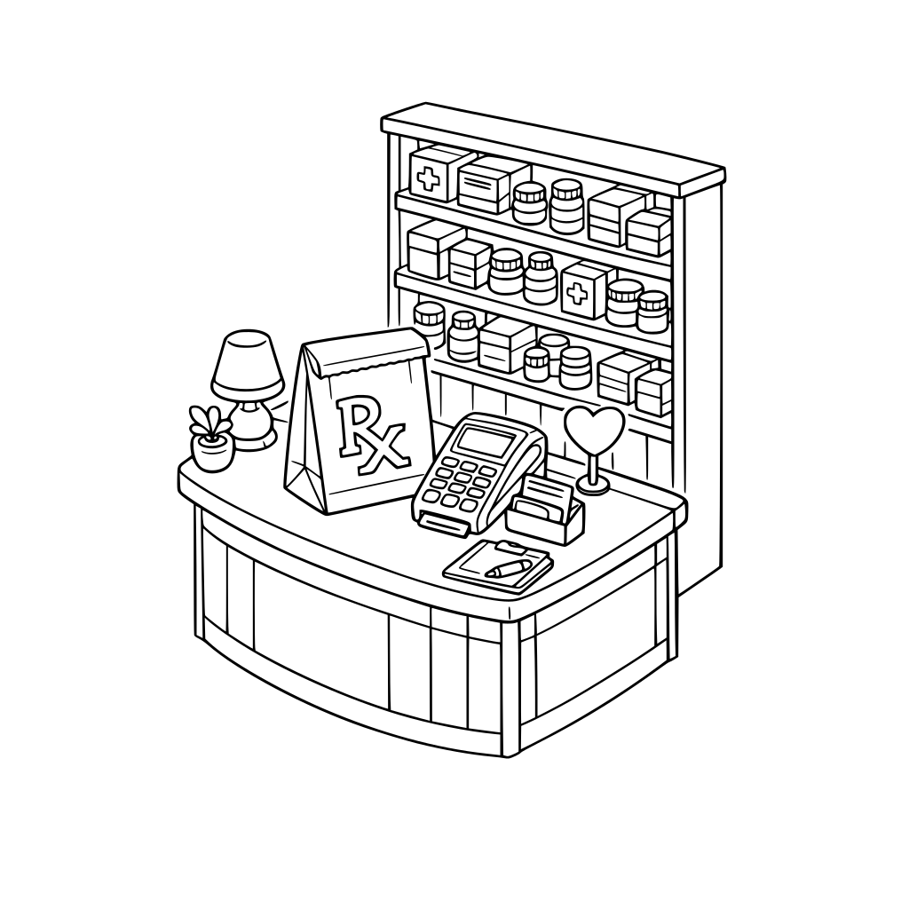 hygge style, cute and cozy, 3d isometric, corner pharmacy counter scene, small counter with prescription bag placed on top, card terminal, shelves of medicine boxes in background