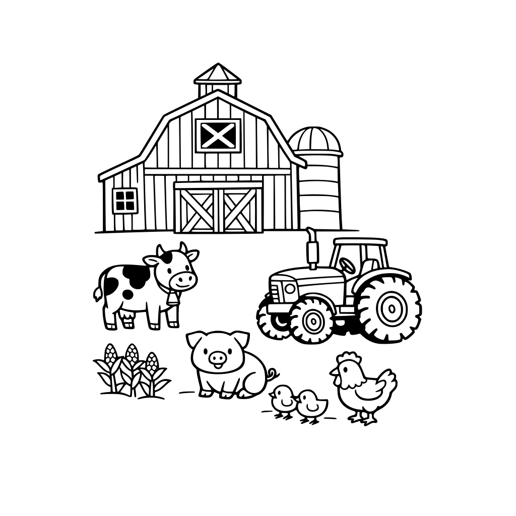 farm animals. Include pages with barns and tractors