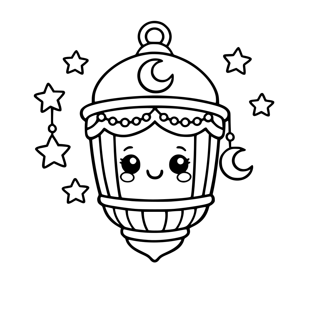 Create a black and white kawaii toddler-style coloring page illustration of a cute Ramadan lantern with a smiling face…