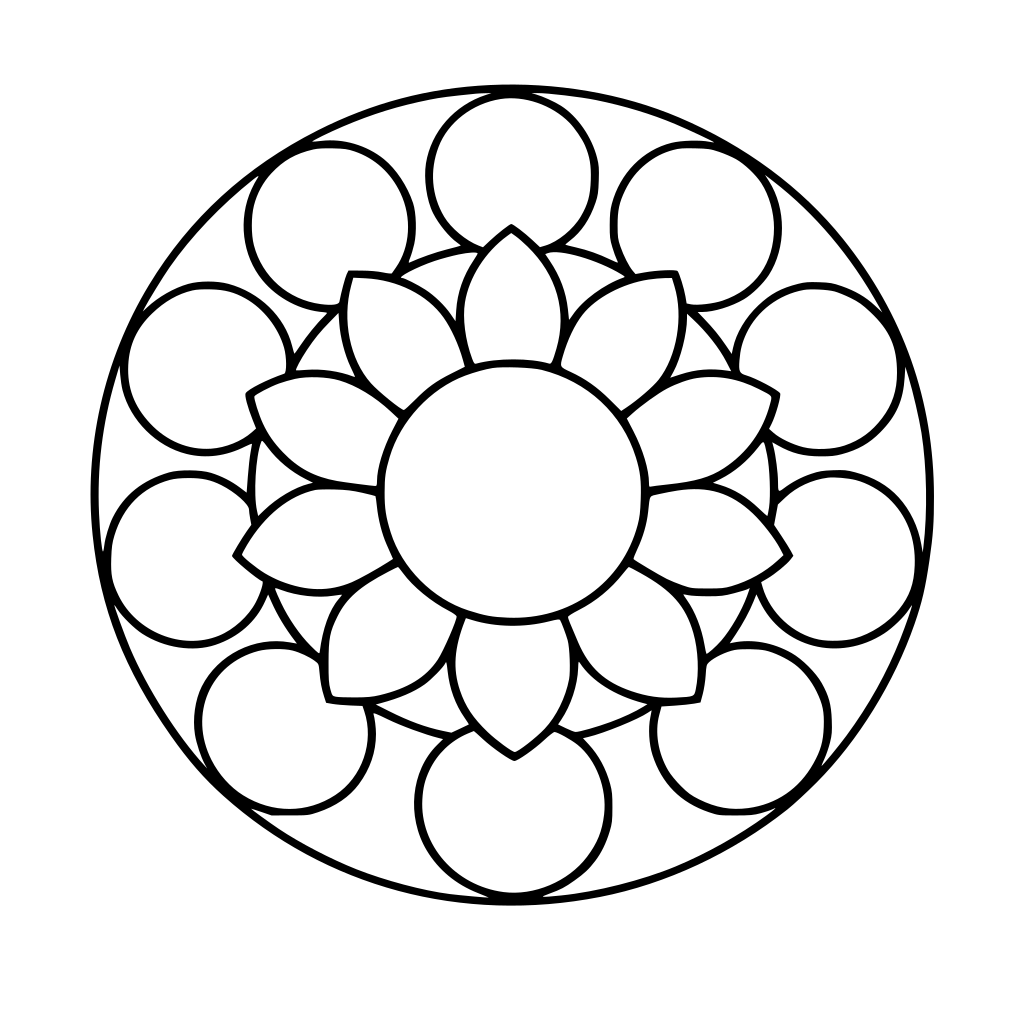 Very simple kids coloring page: a large circular rangoli made of only big circles and petals, thick black outlines, big empty spaces, no tiny patterns, pure white background.