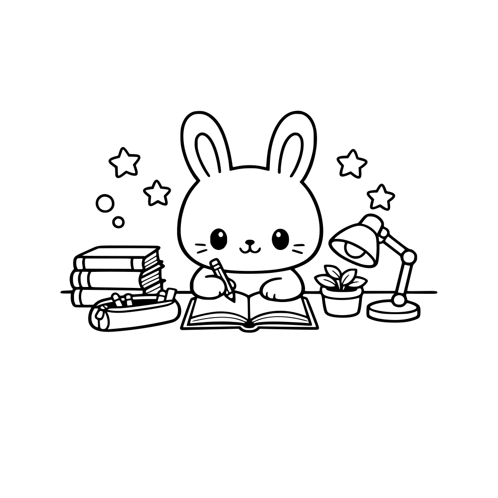 Cute bunny studying at a desk with open book, pencil case, stacked books, table lamp, small plant, cozy study setup, kawaii style colouring book page, black and white line art, thick clean outline, large empty spaces