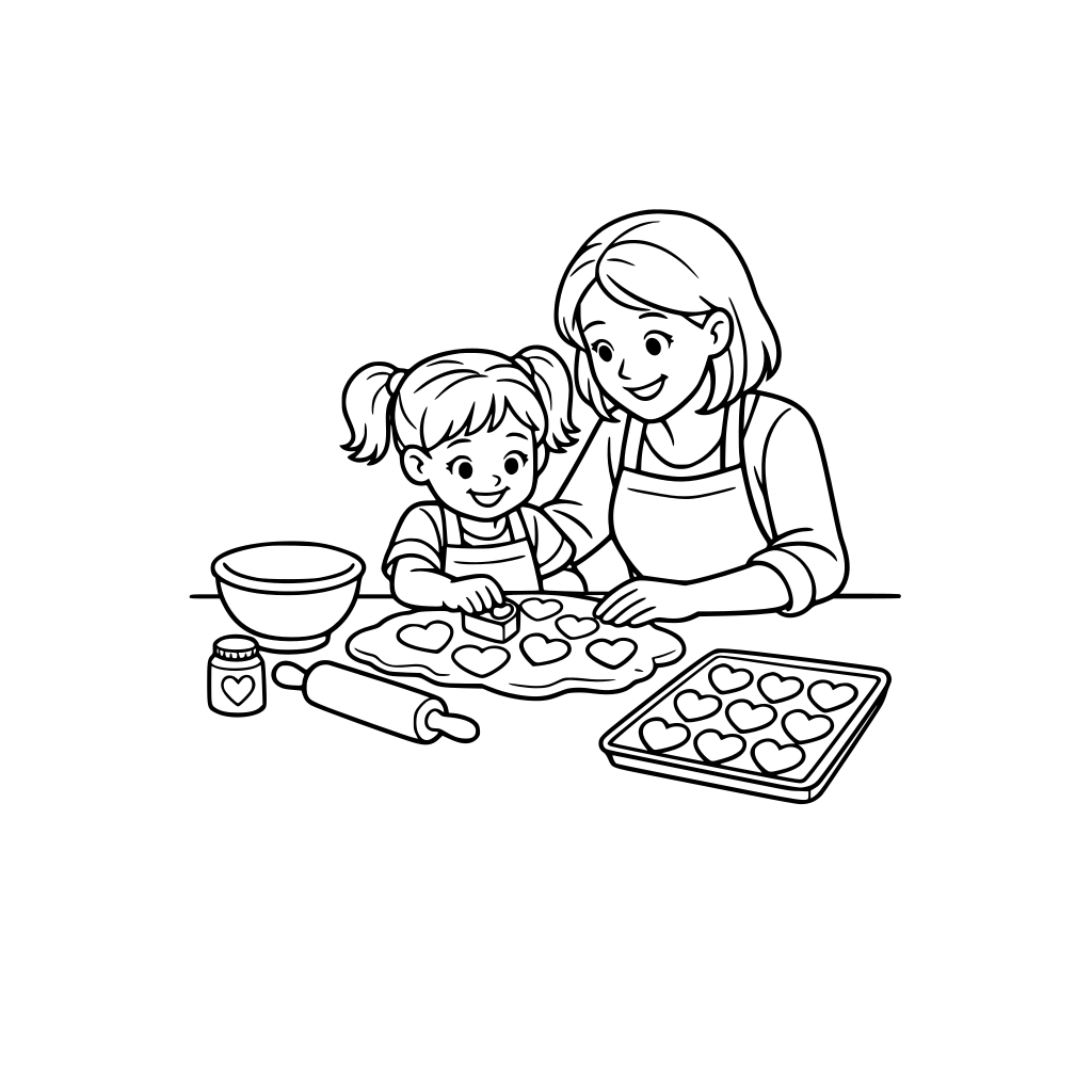 A little girl and her mom baking Valentine’s Day cookies together at a kitchen counter. Cookie dough, rolling pin, and a tray of heart-shaped cookies.