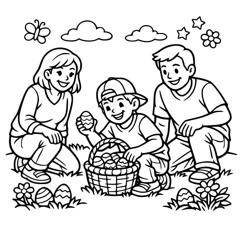a nie easter egg hunt scene with a boy around 10 years old and his mom and dad in the yard