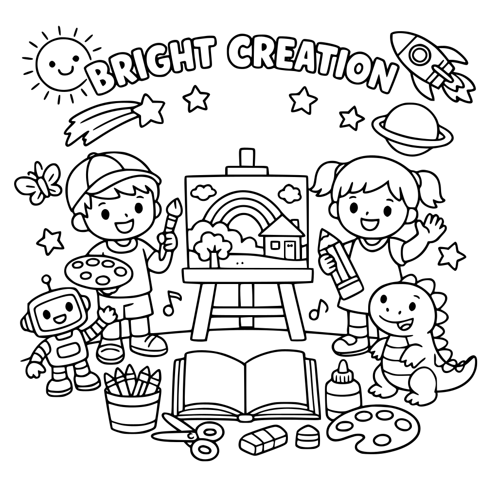 buatkan saya lembar untuk lomba mewarnai anak TK dengan tema "BRIGHT CREATION" untuk ukuran F4 landscape