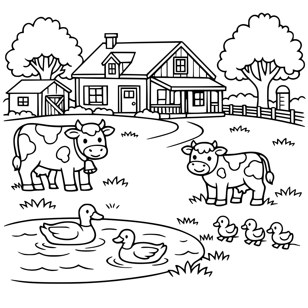 une maison à la ferme avec des vaches et des canard et des arbres