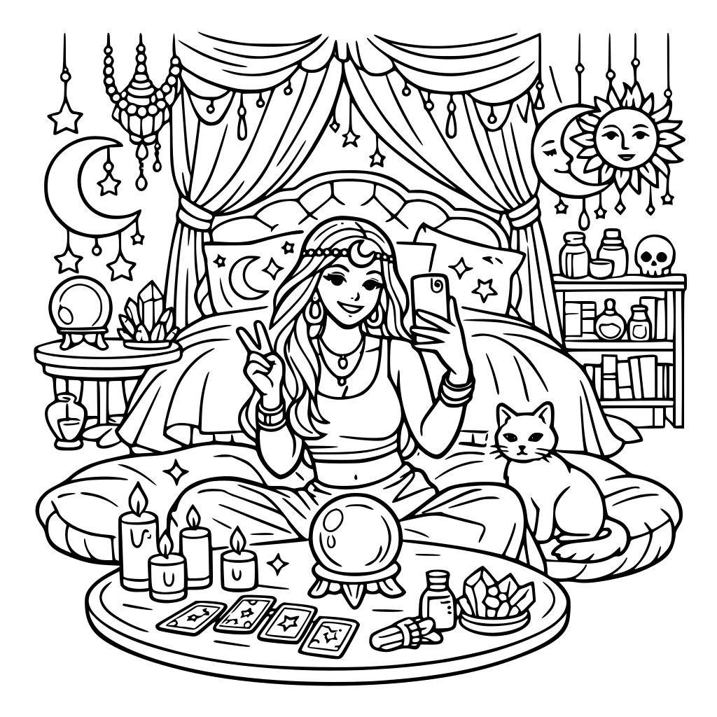 A mystical tarot lounge selfie aesthetic fantasy master bedroom for girls & women