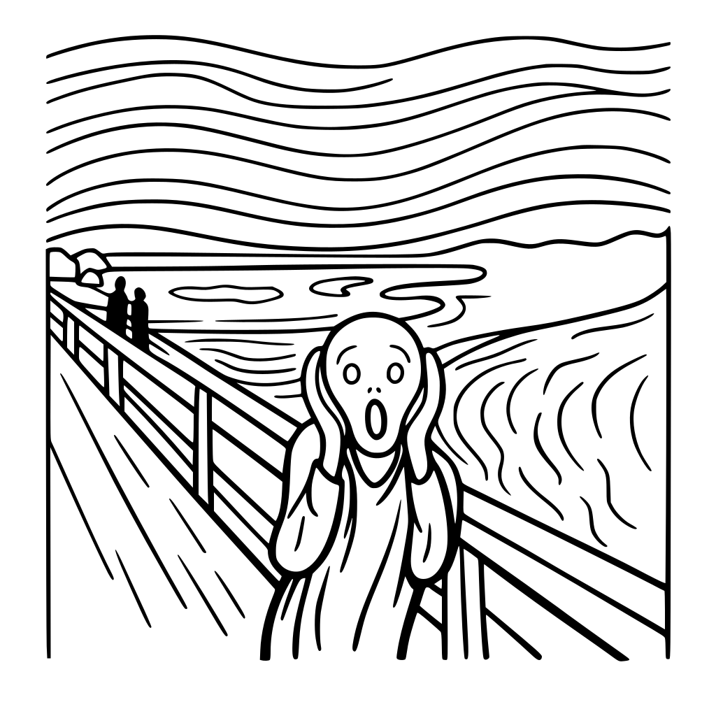 simple Coloring book page of the Edvard munch painting "The Scream"