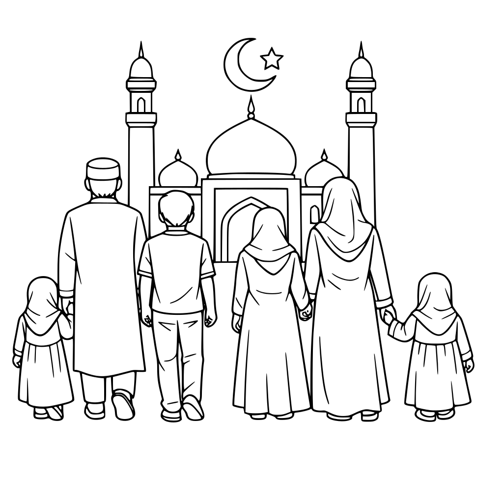 une famille avec père mère grande soeur grand frère deux petites soeurs de dos, qui vont à la mosquée pour ramadan
