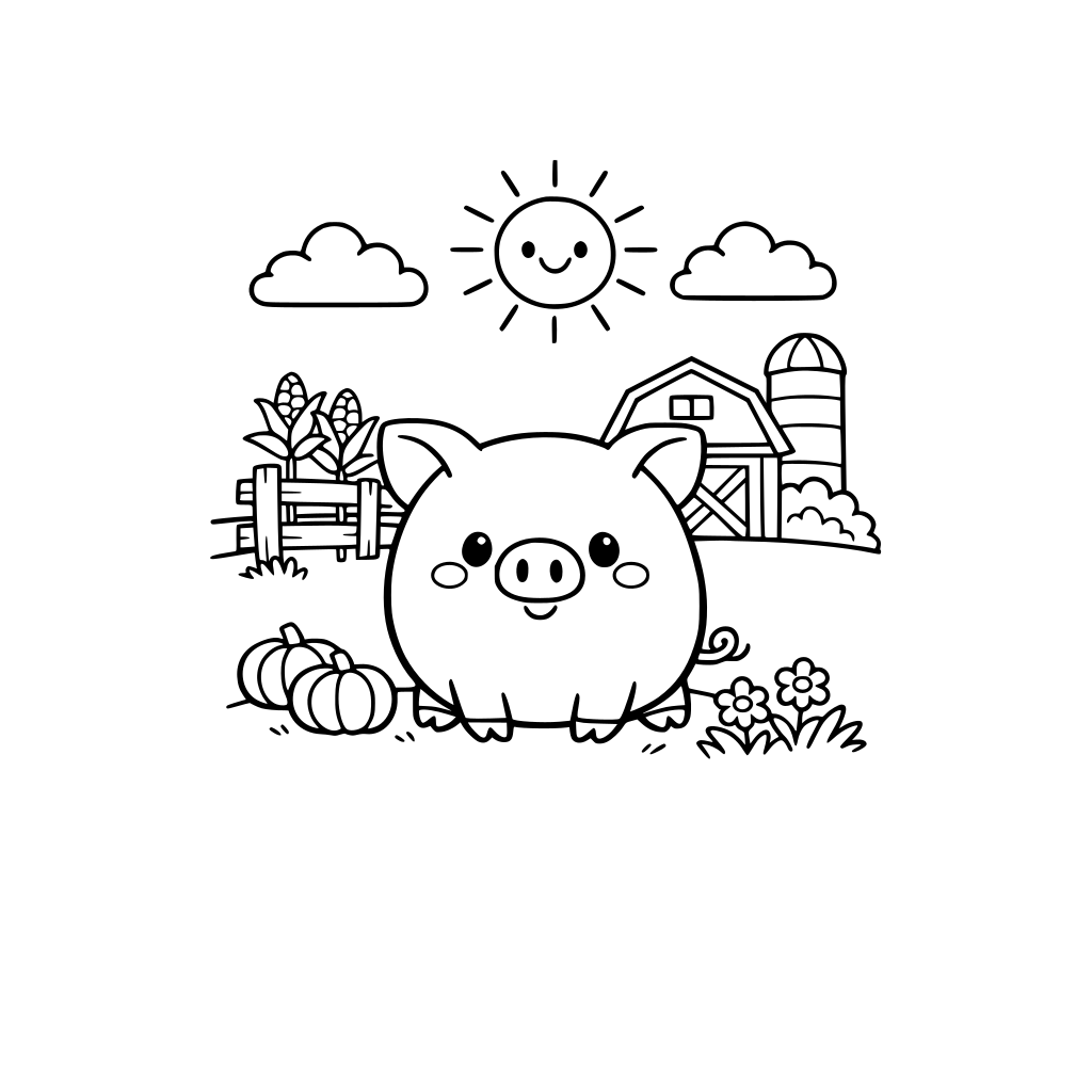 Cute pig sketch with big round body, farm background, coloring book outline