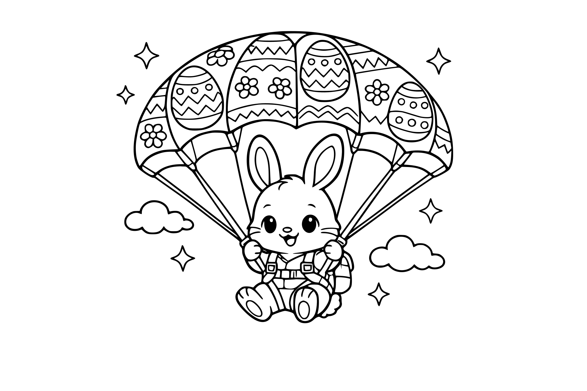 a bunny with a parachute in the sky. There are easter egg pattern in the chute.