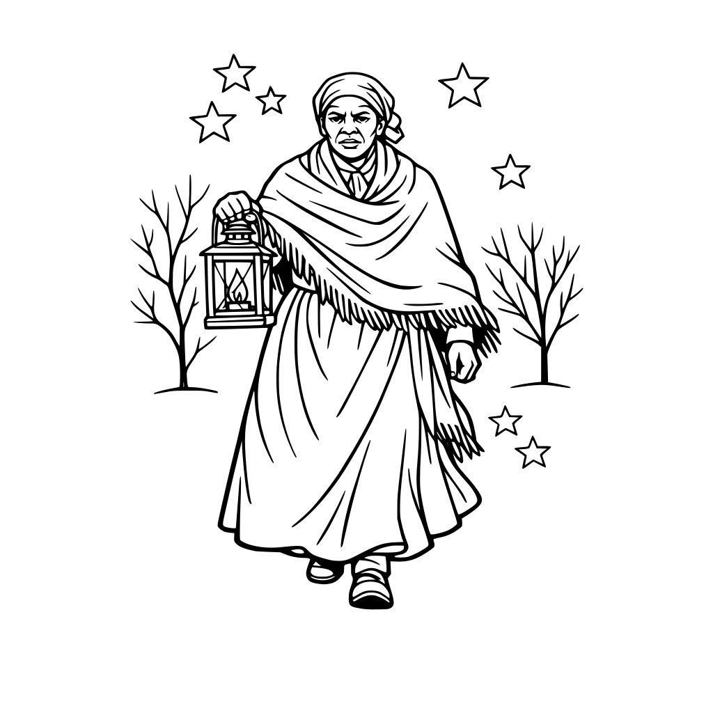 Harriet Tubman walking forward holding a lantern, long dress and shawl, determined expression, light tree outlines only in background.