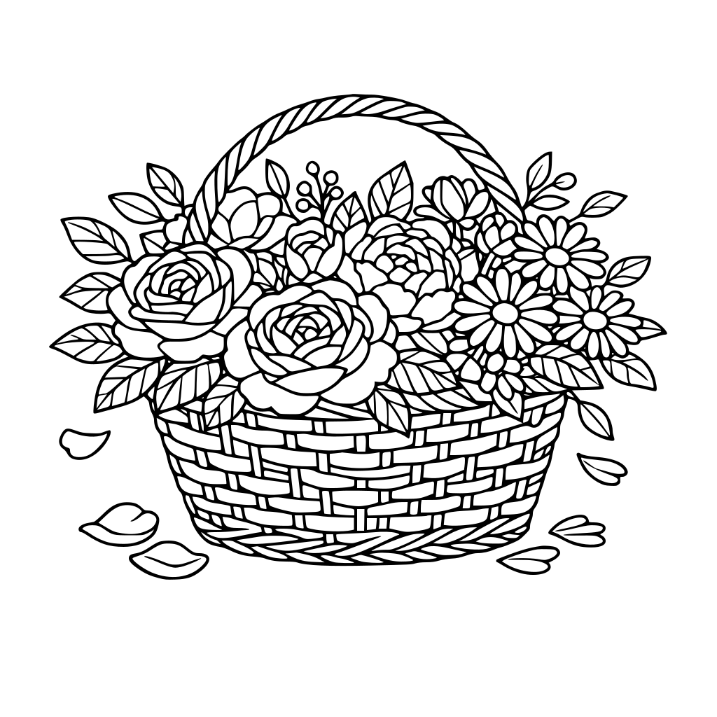 Coloring book page of a wicker basket filled with flowers, roses, peonies, daisies overflowing, leaves and petals, botanical line art, bold outlines, no shading, white background
