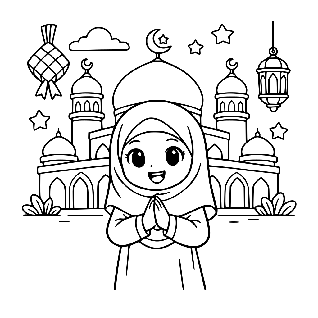 Buat gambar tema ramadhan anak pakai hijab depan masjid
