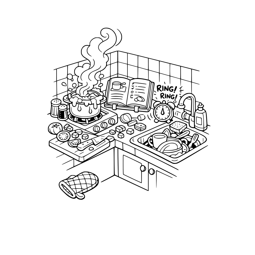 cute and cozy style. 3D isometric kitchen corner with stovetop pot boiling over, chopped vegetables scattered on the counter, recipe book propped open, timer ringing, smoke curling upward, oven mitt dropped on the floor, sink full of dishes.