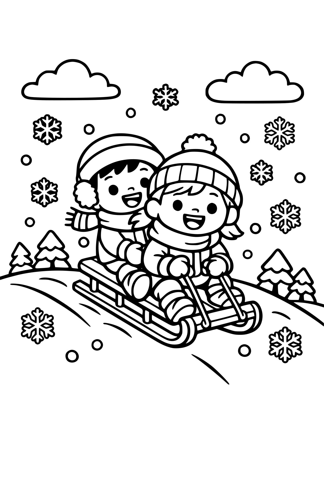 cute kids coloring page, happy kids sledding down a snowy hill, snowflakes falling around them, small trees and clouds in the background, simple shapes, thick outlines, kids coloring book style