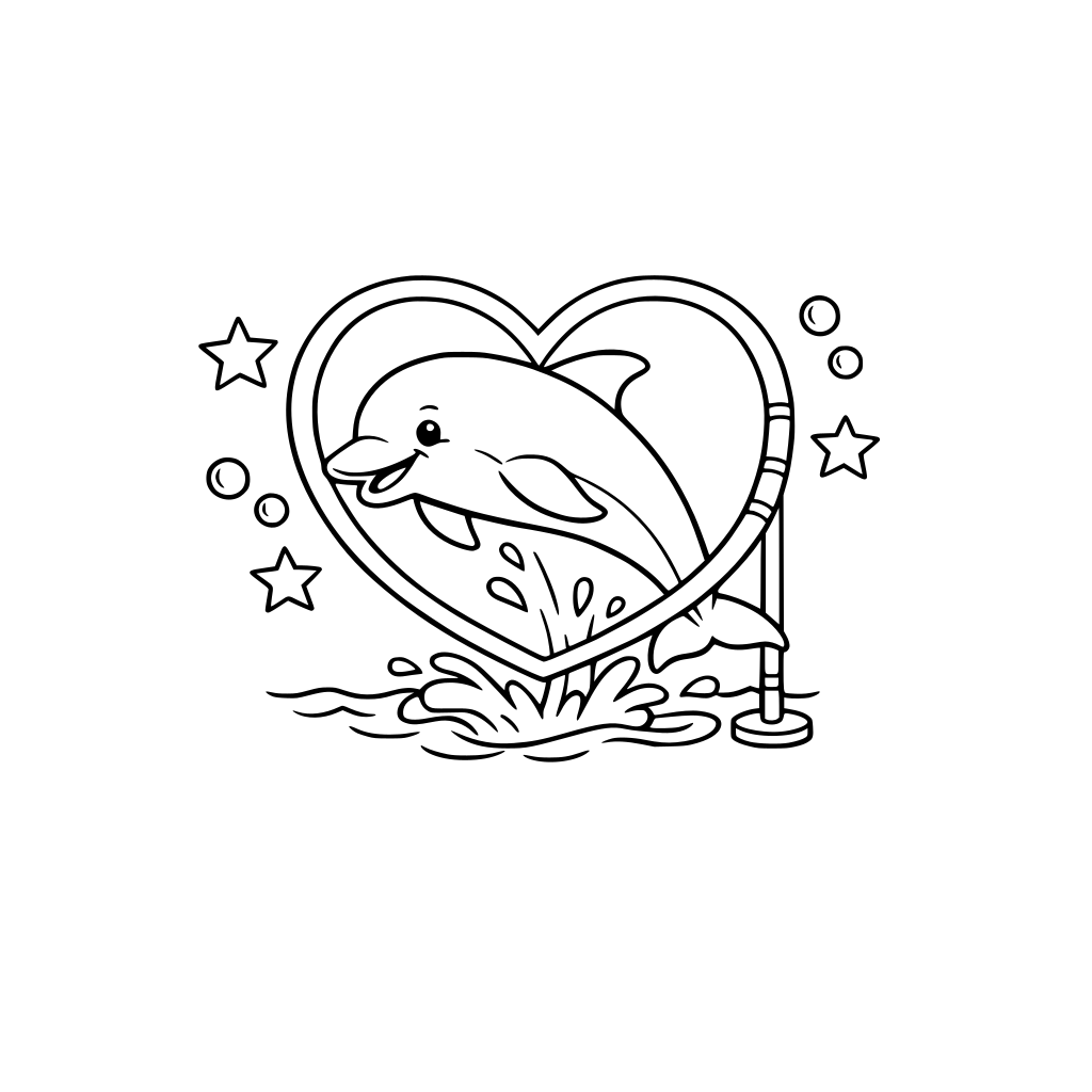 A playful dolphin jumping through a heart-shaped hoop.